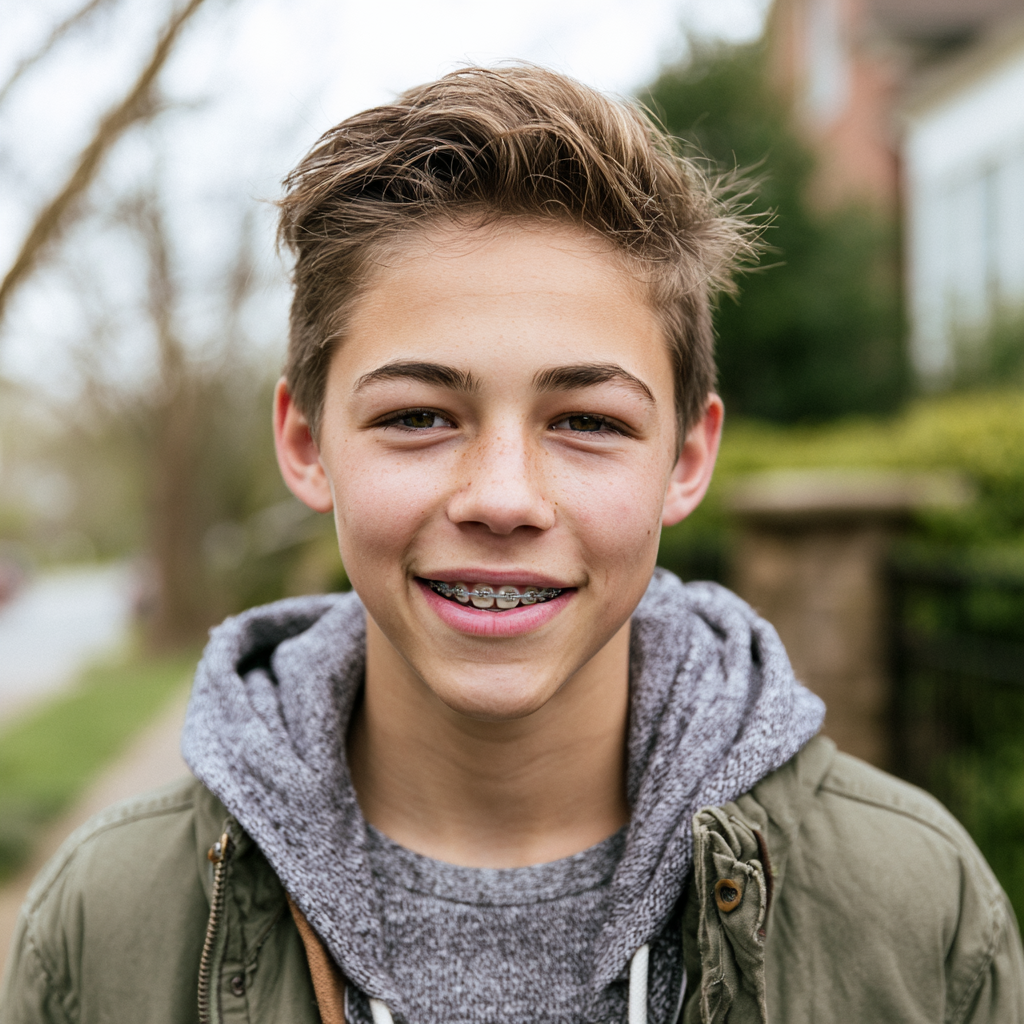 Smiling teen with braces in a green jacket and gray hoodie, standing outdoors on a blurred street