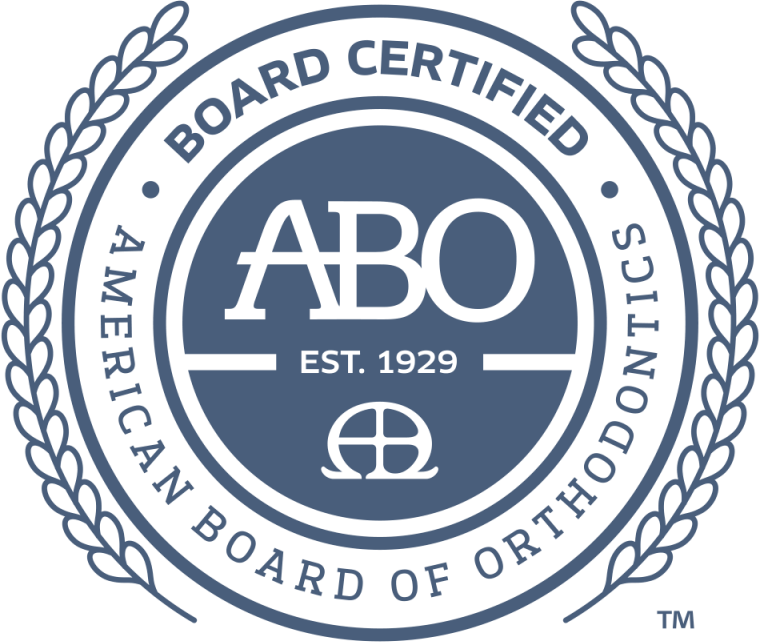 The logo for the american board of orthodontics is blue and white.