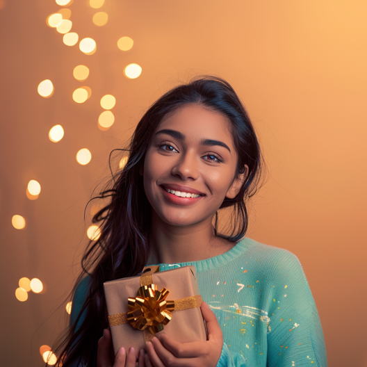 A woman is smiling while holding a gift box with a gold bow.