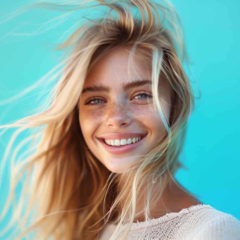 A woman with blonde hair and freckles is smiling with her hair blowing in the wind.