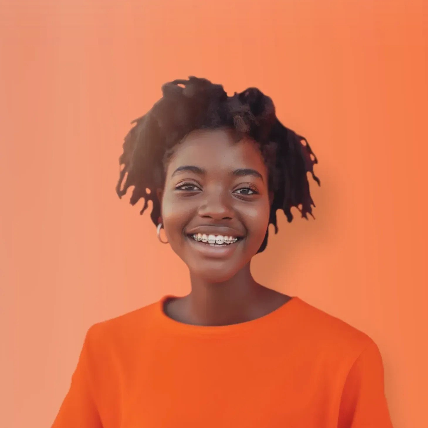 A young woman with braces on her teeth is wearing an orange shirt and smiling.