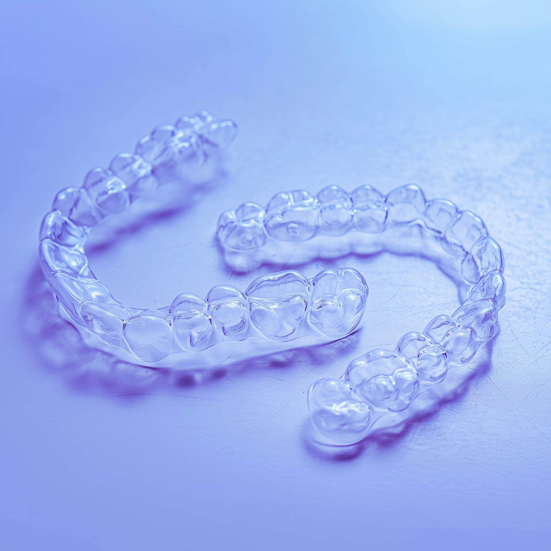 Clear aligners on a blue surface, used for teeth straightening.