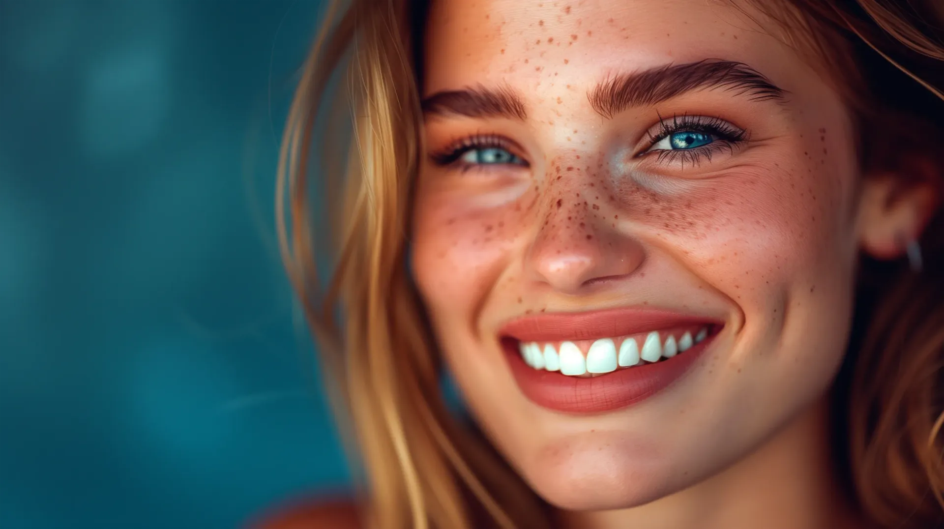 A close up of a woman 's face with freckles smiling.