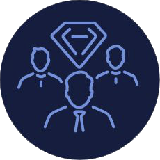 Three business people with a diamond above them, inside a dark blue circle.