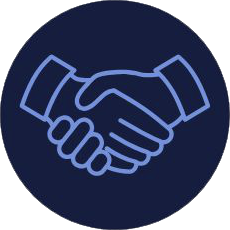 Two hands shaking, outlined in light blue, on a dark blue circular background. Represents partnership or agreement.