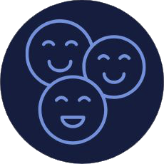 Three smiling faces in a circle, outlined in blue, inside a dark blue circle.