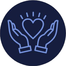 Two open hands cupping a glowing heart on a dark blue background, symbolizing care and support.