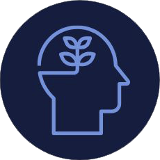 Blue silhouette of a head with a plant growing inside, set against a dark blue circle.