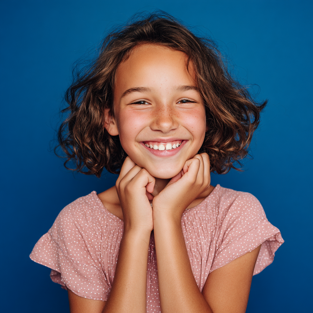 A smiling person with wavy brown hair wearing a pink polka-dot top, posing with hands under their chin against blue.