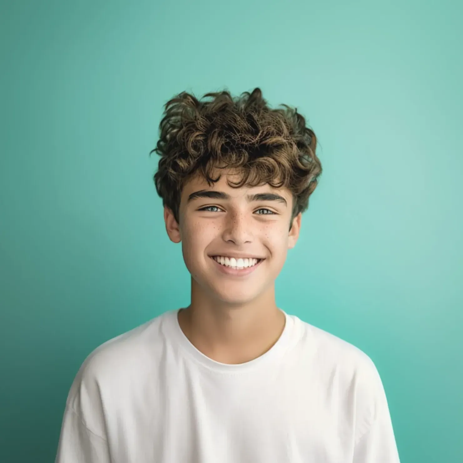 A young boy with curly hair is smiling and wearing a white t-shirt.