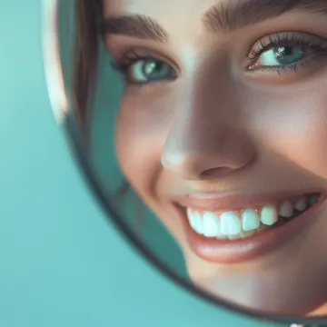 A close up of a woman 's face smiling in a mirror.