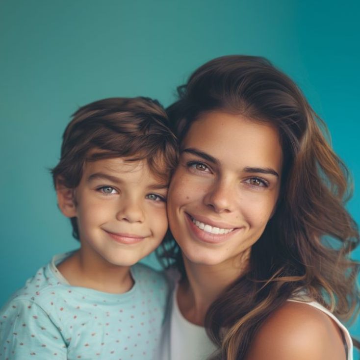 A woman and child are posing for a picture and smiling for the camera