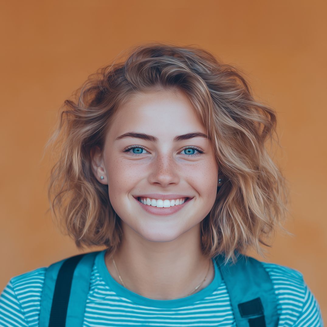 Young woman with short wavy blonde hair smiles broadly, wearing a striped shirt and backpack against an orange background.