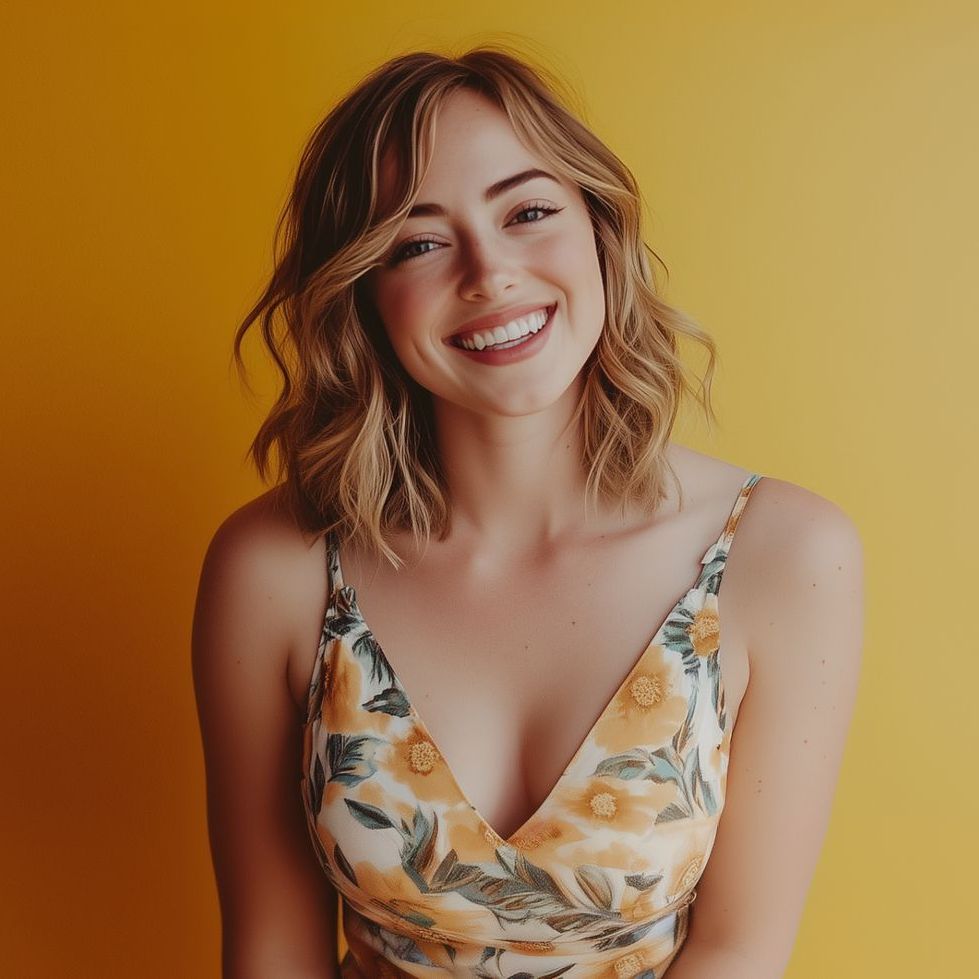 A woman in a floral dress is smiling in front of a yellow wall