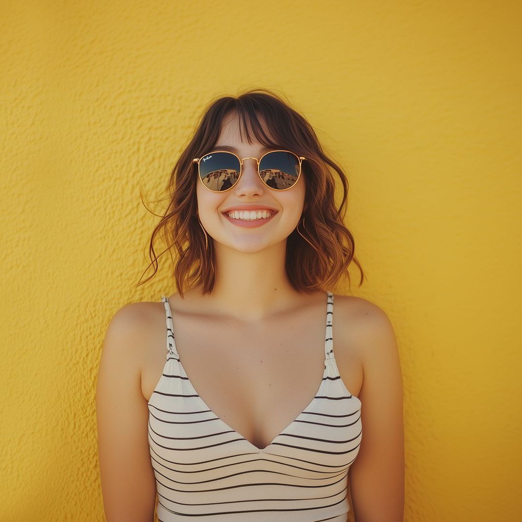 A woman wearing sunglasses and a striped tank top is smiling in front of a yellow wall.