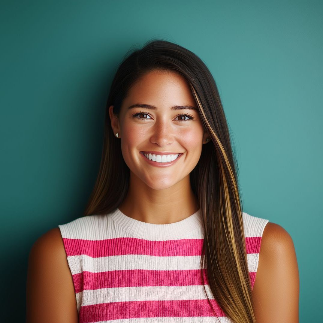 The woman is wearing a pink and white striped shirt and smiling.