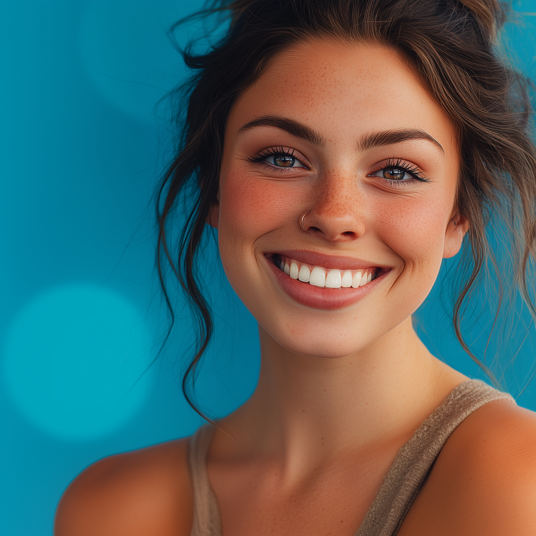 Woman with freckles smiles widely, against a blue background.
