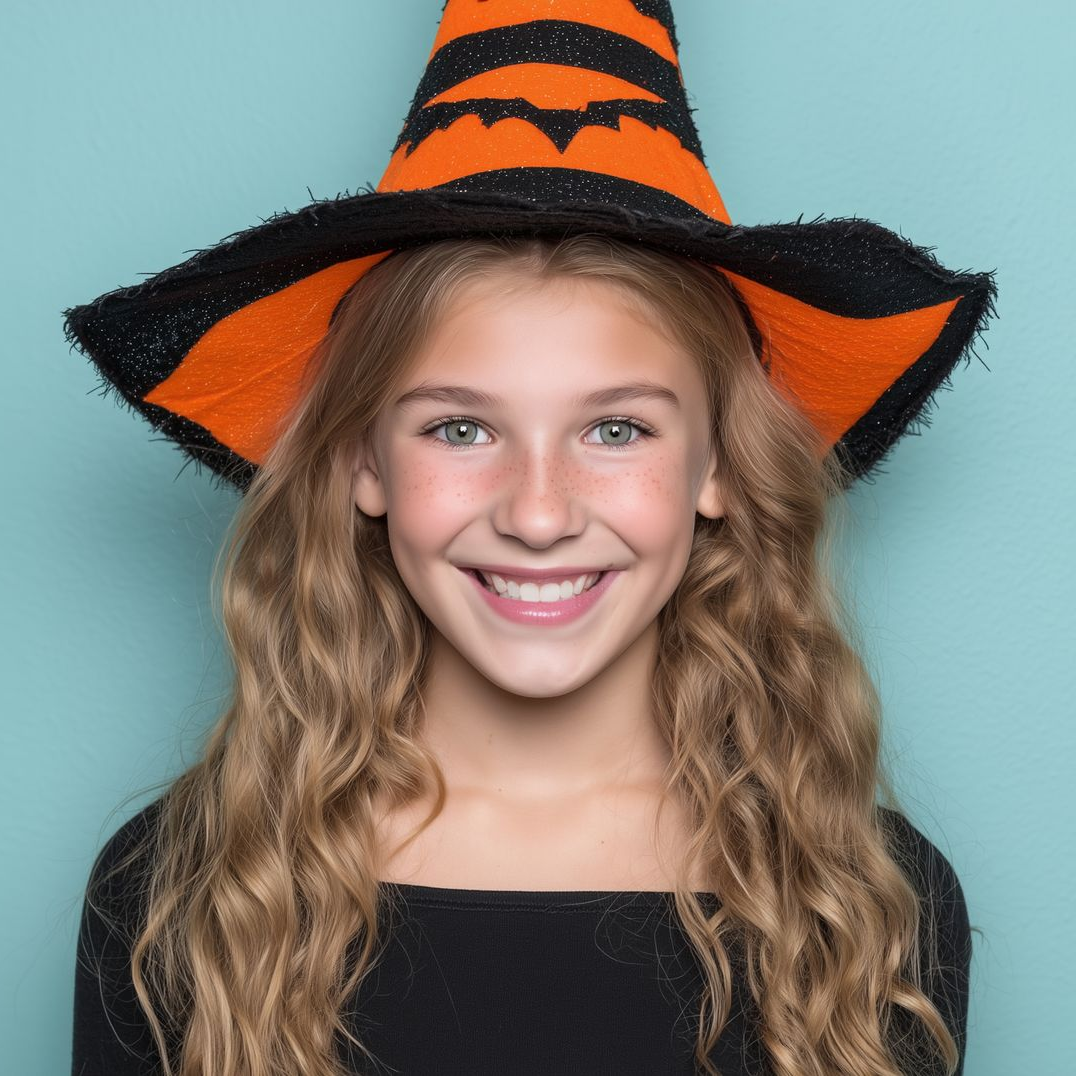 Girl with long wavy blonde hair and a witch hat smiling at the camera, teal background.