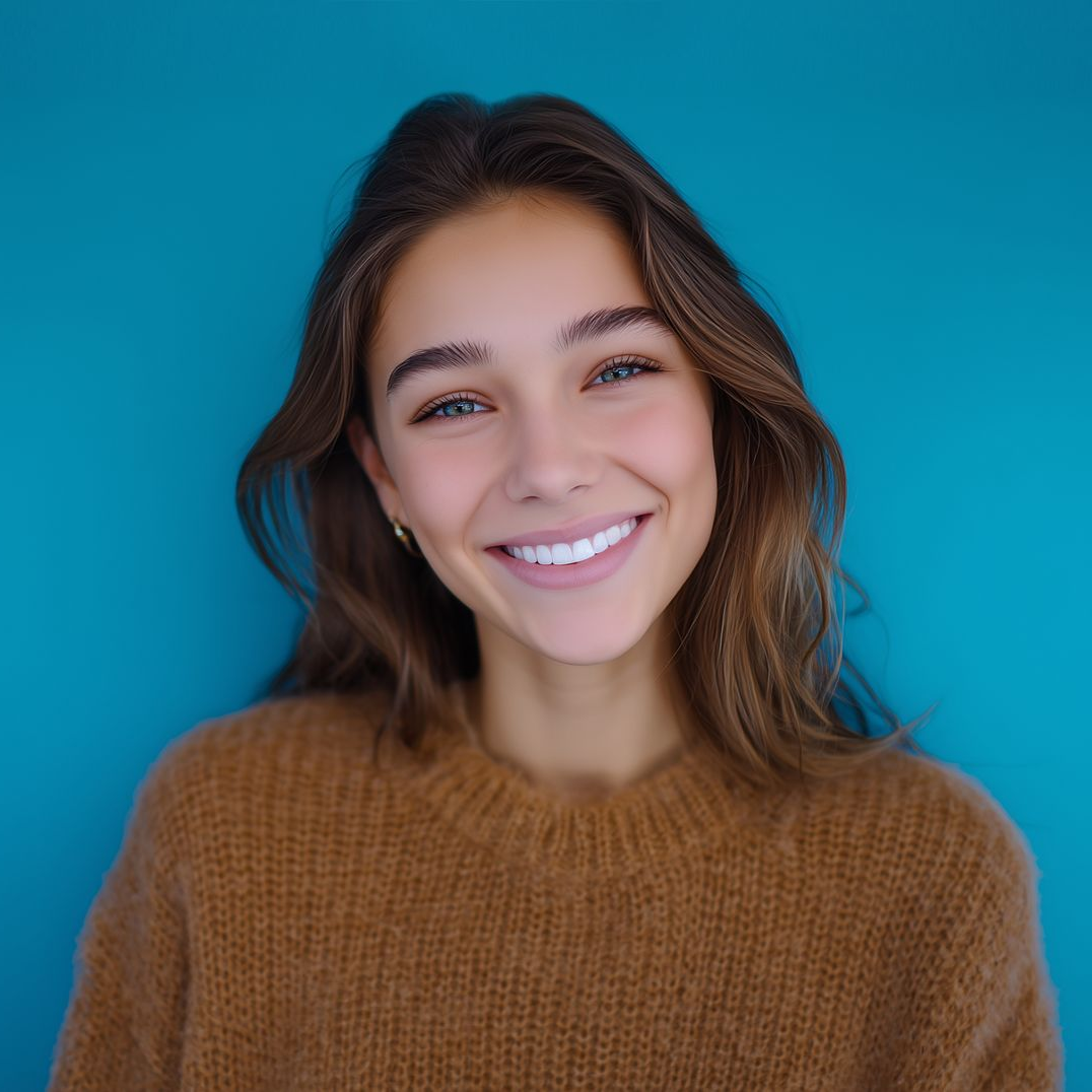 Young woman with brown hair, smiling, wearing a brown sweater, against a teal backdrop.