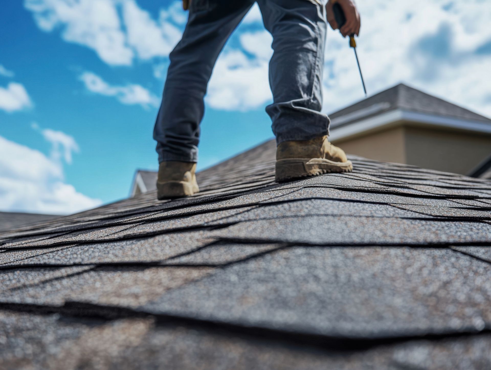 A roofing contractor inspecting shingles on a residential roof. A roofing contractor inspecting shingles on a residential roof.