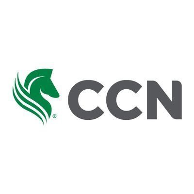 Logo of CCN, dark gray letters, with a green horse head with stylized wings on the left.