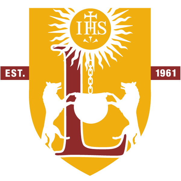 Shield-shaped emblem with "L" flanked by wolves, a chain, sunburst, and "IHS" symbol; "EST. 1961."