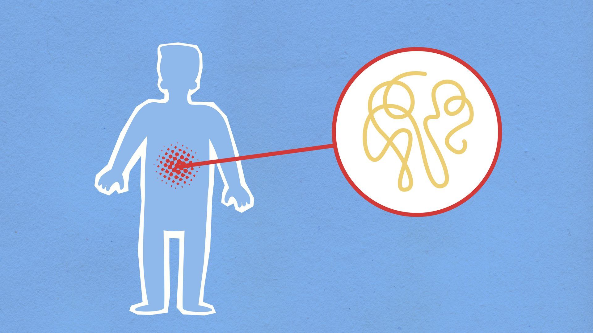 Silhouette of person with highlighted abdomen, connected to a close-up view of protein strands.