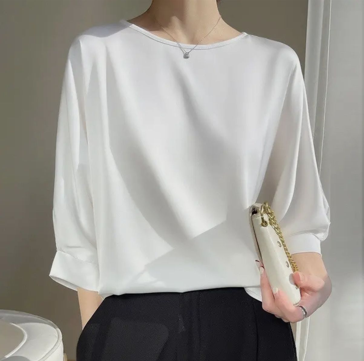 Loose-Fit Solid Color Satin Round Neck Short Sleeve T-Shirt