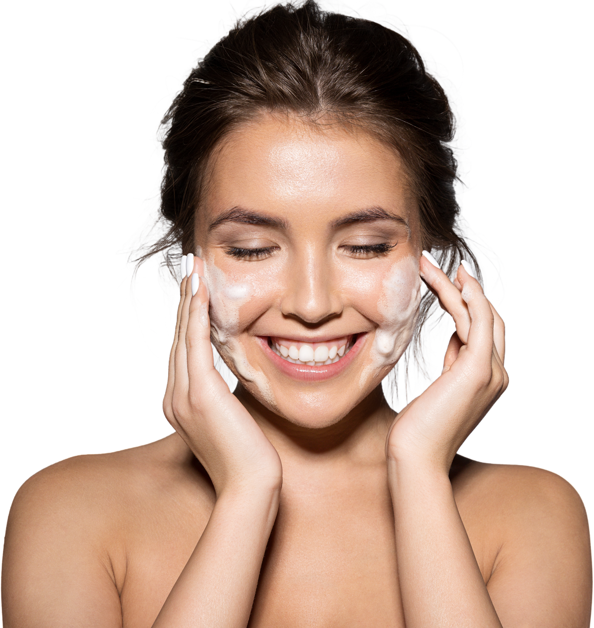 A Woman is Smiling While Washing Her Face With Soap