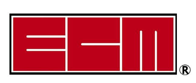 A red and white logo for a company called e-m