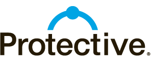 The logo for protective is blue and black with a blue circle in the middle.