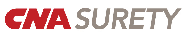 A red and gray logo for cna surety