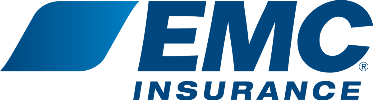 A blue and white logo for emc insurance
