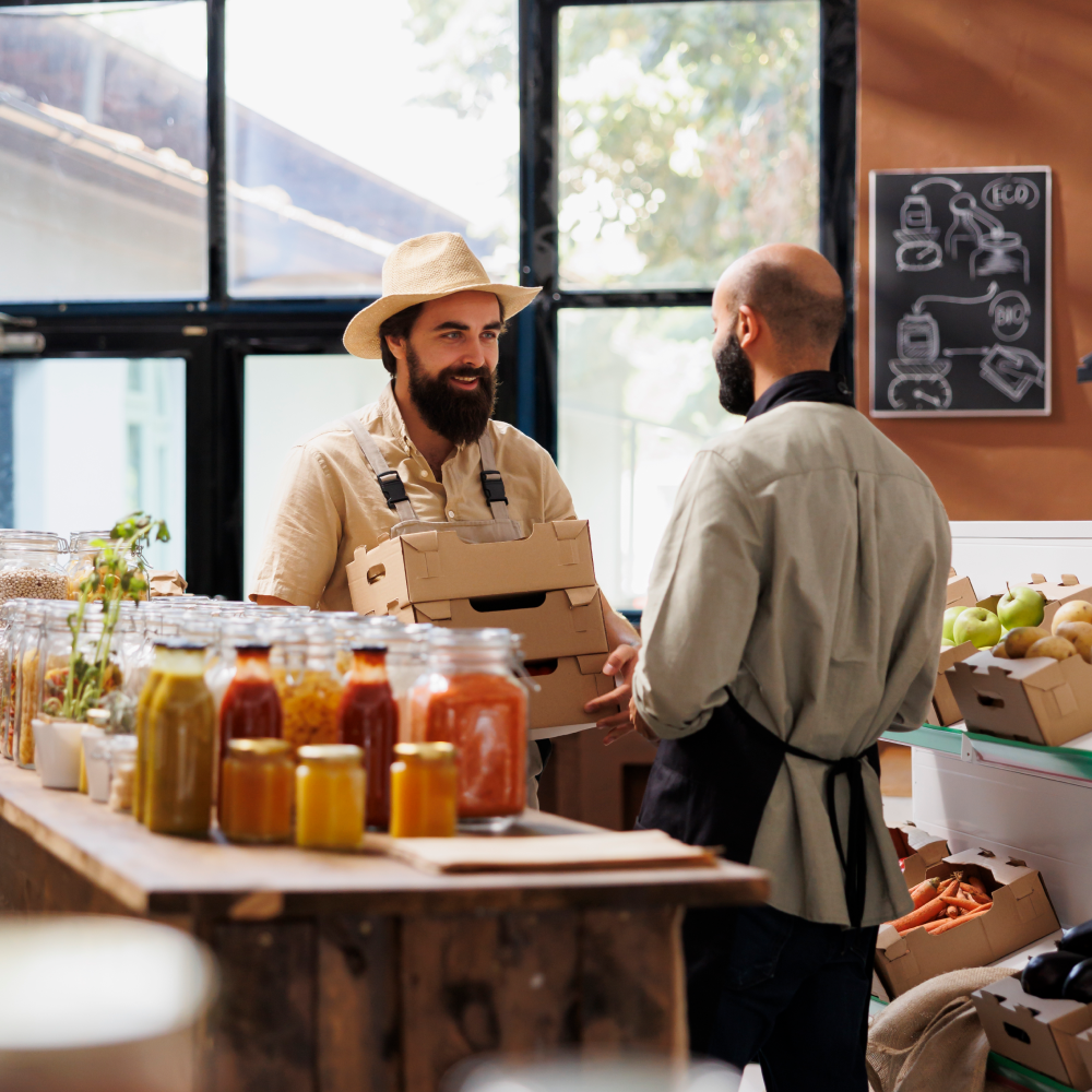 A man in a cowboy hat is talking to another man in a store.