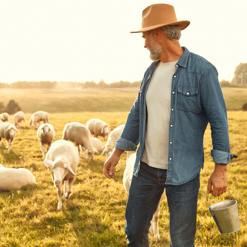 A man in a hat is walking through a field of sheep