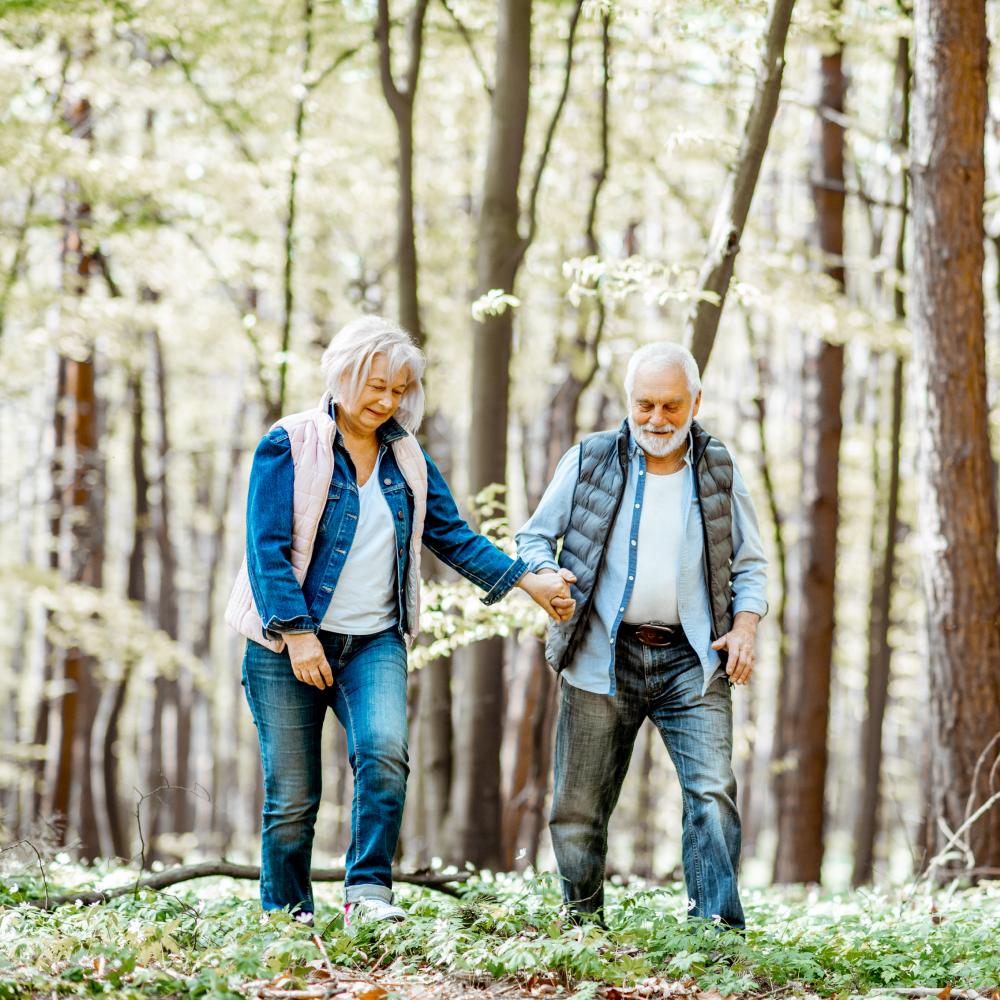 An elderly couple is walking through a forest holding hands.