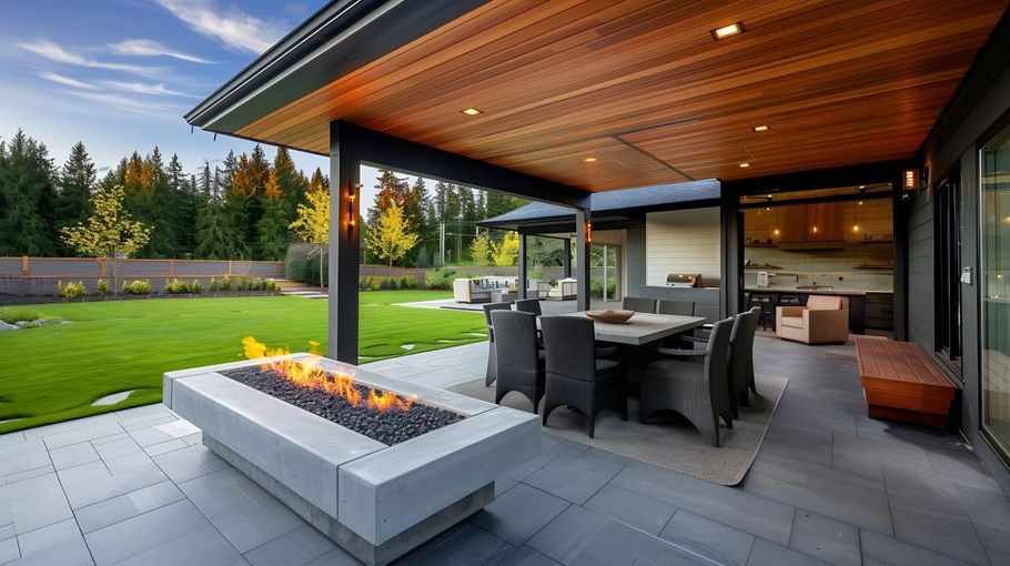 Modern covered patio with dining table, fire pit, and wood ceiling overlooking a green lawn