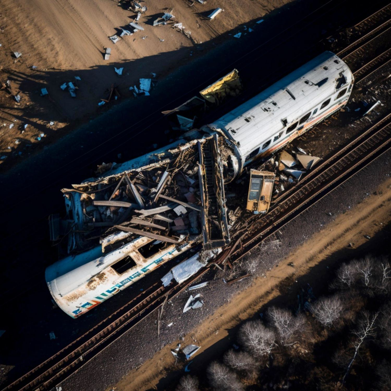 An aerial view of a train that has crashed on the tracks