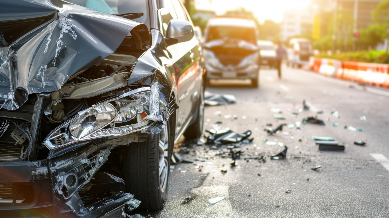 A car has been damaged in a car accident on the road.