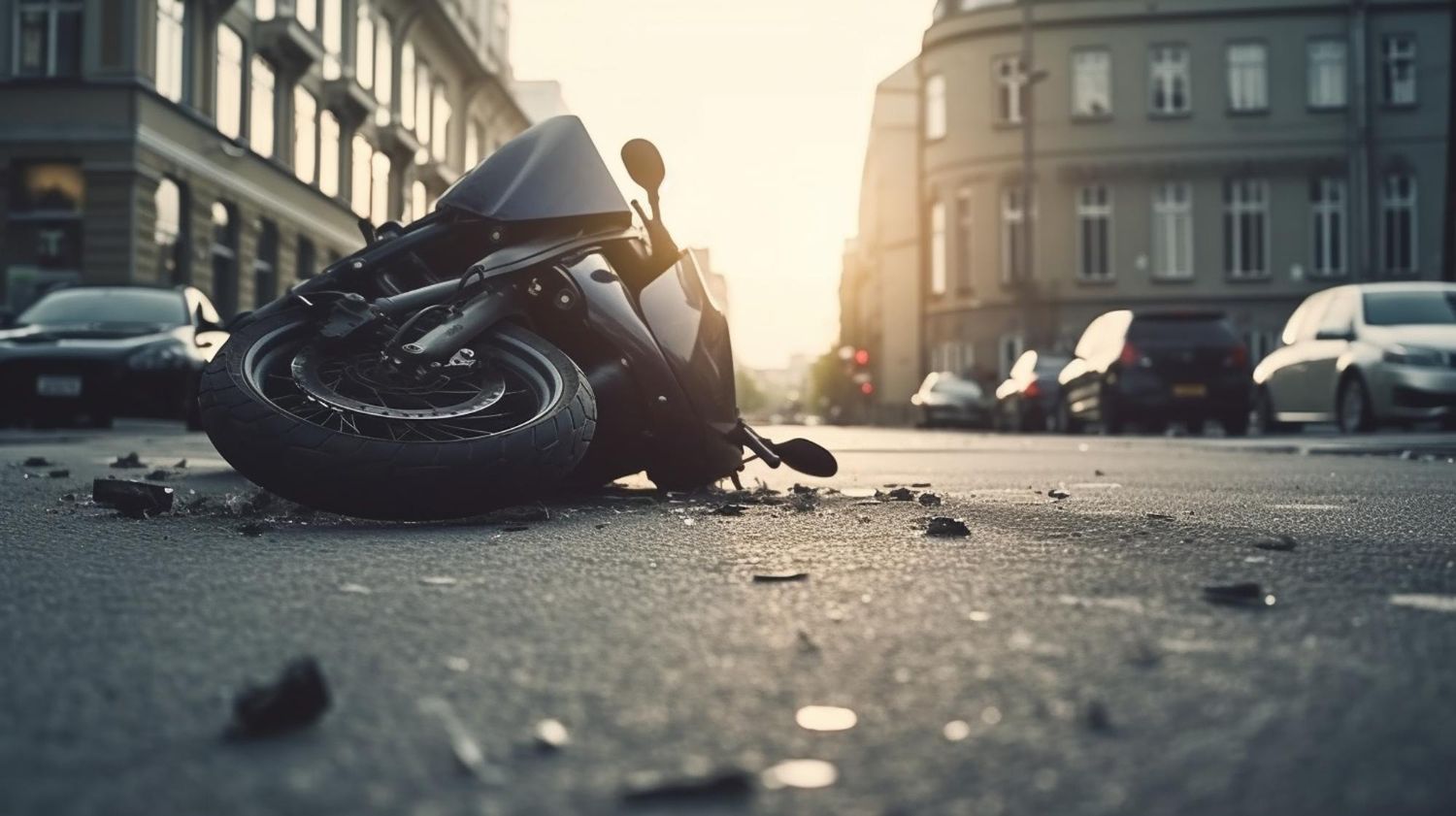 A motorcycle has crashed on the side of the road.