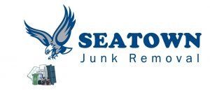 Logo for SeaTown Junk Removal: blue eagle with outstretched wings and text.