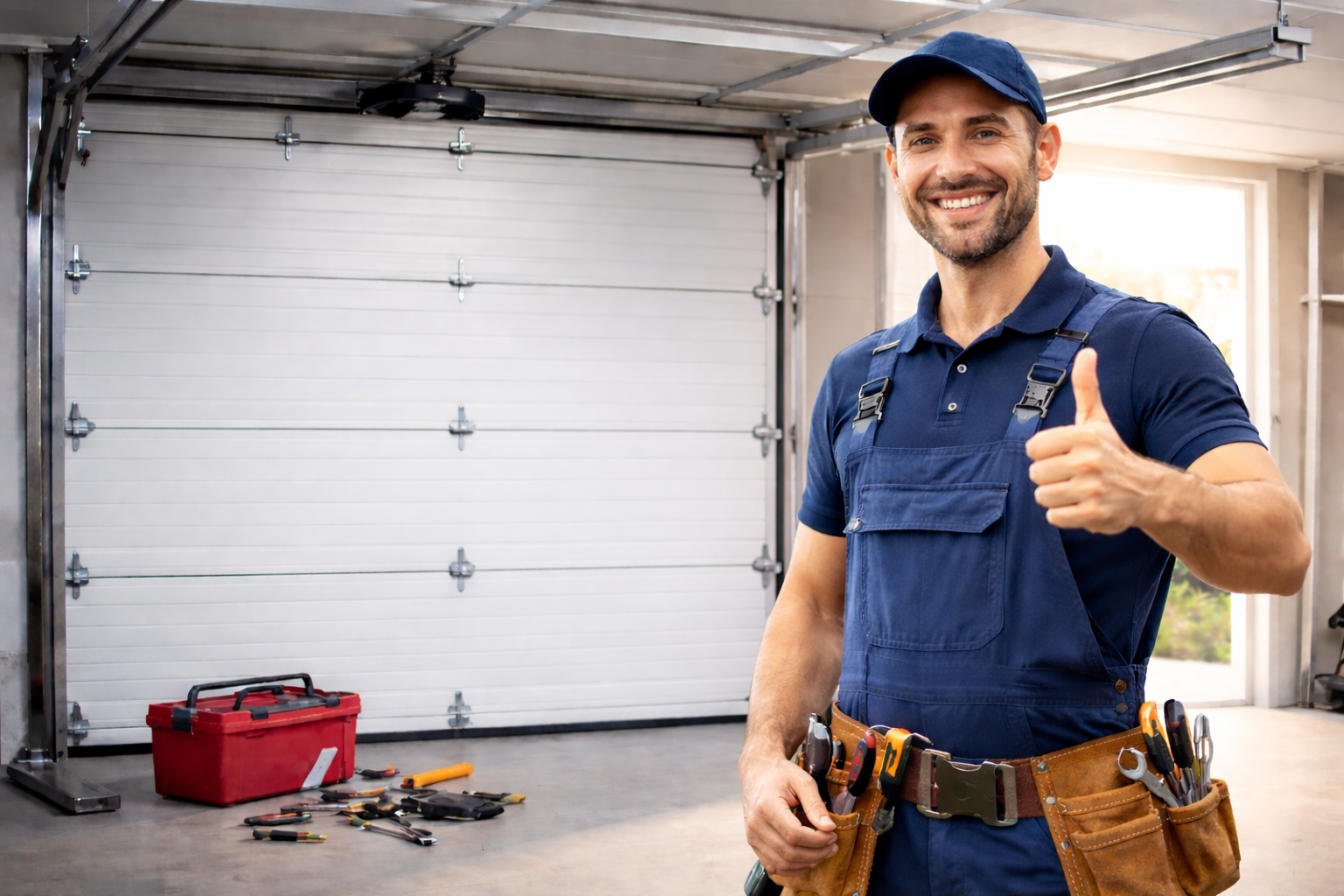 Garage door technician giving thumbs up. Smiling, in blue uniform, tool belt, and garage setting.