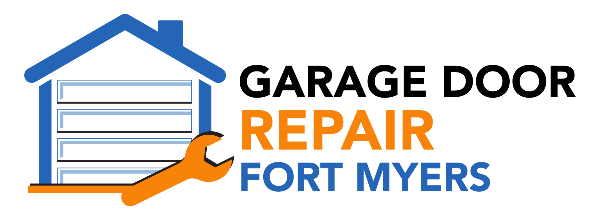 Logo for Garage Door Repair in Fort Myers: Blue house and wrench icon, orange "REPAIR" text.