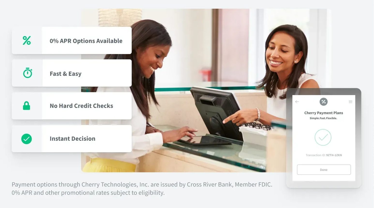Woman at counter with another, processing transaction; features: instant, no credit check, fast, low APR.