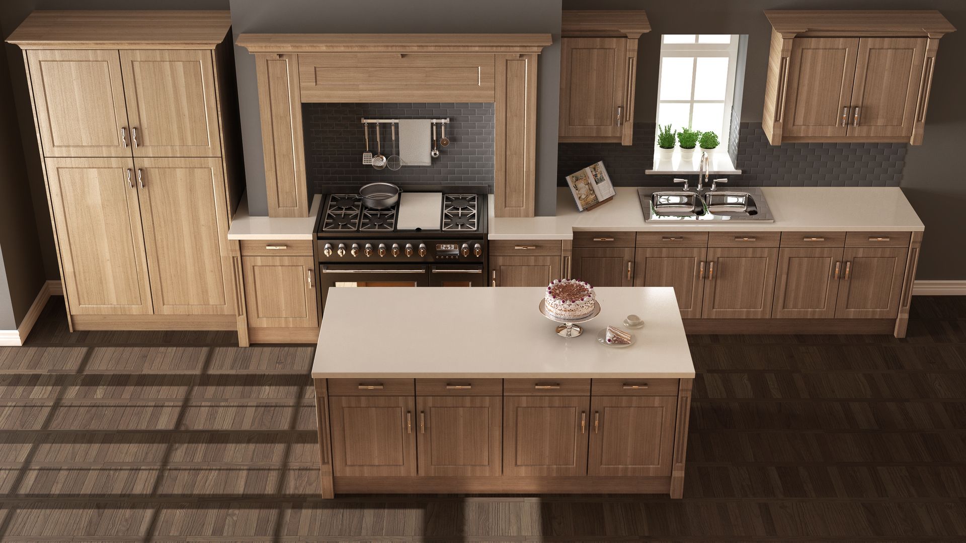 Top view of a kitchen with wooden designs and furnishings, representing a furnished apartment.