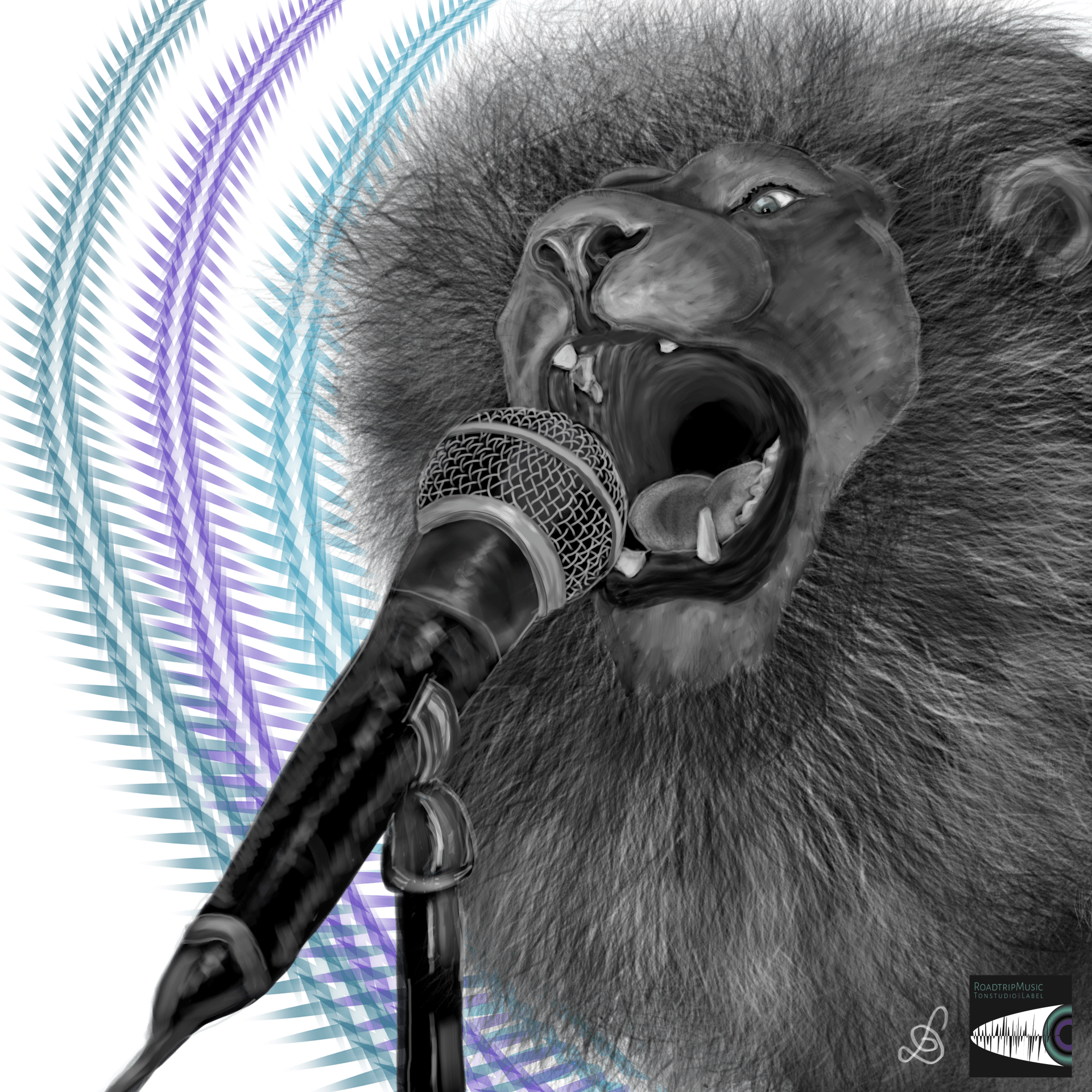 RoadtripMusic Artwork - Onlineshop | handgemalter Löwe mit Mikrofon