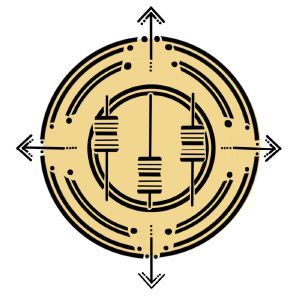 Das Symbol für die Leistung Mixing ist im sandfarbenen Design von RoadtripMusic gehalten und zeigt einen Kompass, in dessen Mitte sich Fader eines Mischpultes befinden