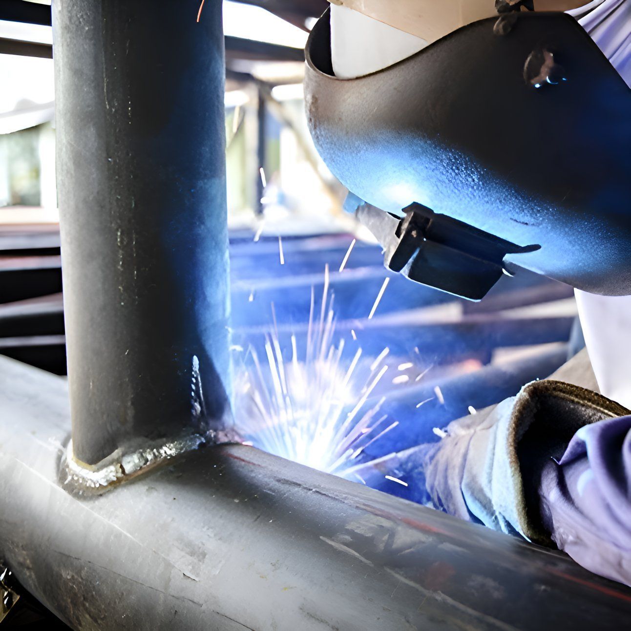 A Man Wearing A Welding Mask Is Welding A Pipe — Sno's Welding In Ciccone, NT