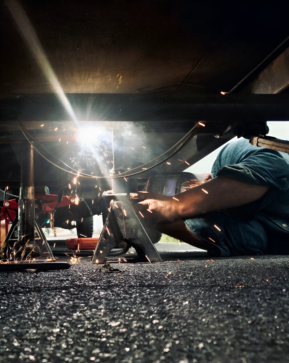 A Man Is Kneeling Under A Car And Working On It — Sno's Welding In Ciccone, NT