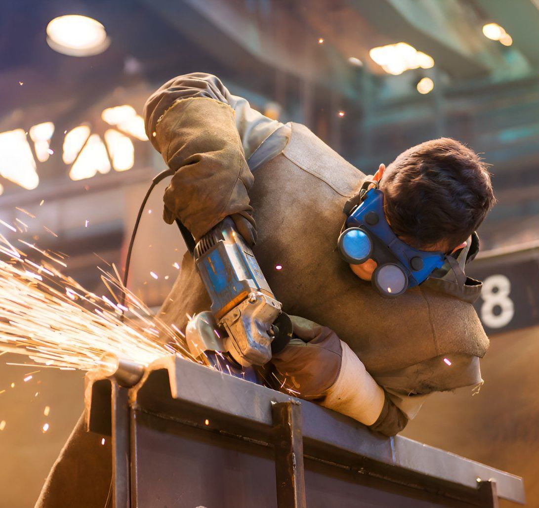 A Man Wearing A Gas Mask Is Grinding A Piece Of Metal — Sno's Welding In Ciccone, NT